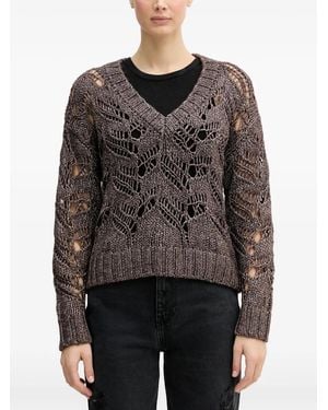 Sisley Openwork V-Neck Jumper - Grey