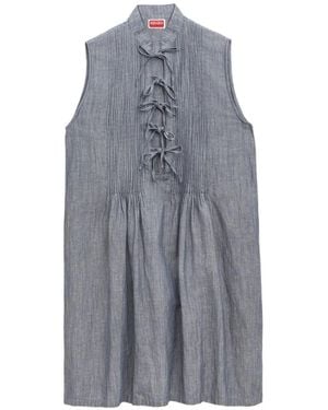 KENZO Signature-Embroidered Pleated Sleeveless Shift Mini Dress - Grey