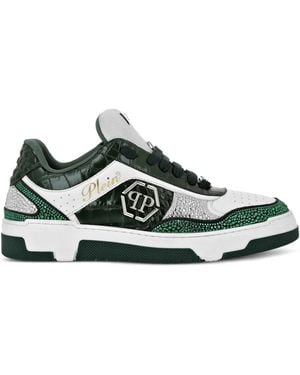 Philipp Plein Crystal-Embellished Crocodile-Effect Trainers - Green