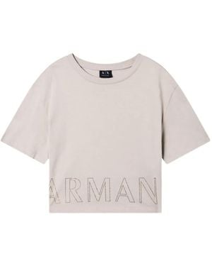 ARMANI EXCHANGE Logo-Embroidered Cropped T-Shirt - White
