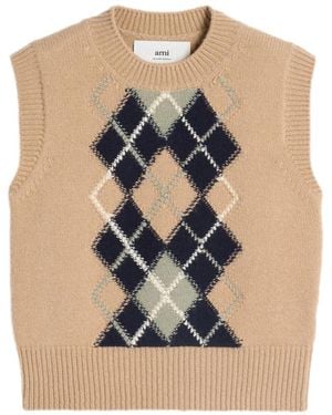 Ami Paris Check-Pattern Wool-Blend Vest - Blue