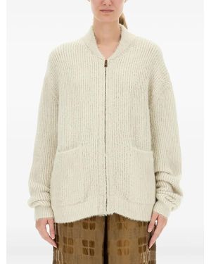 Uma Wang Ribbed Knit Cardigan With Plush Texture And Zipper Closure - Natural