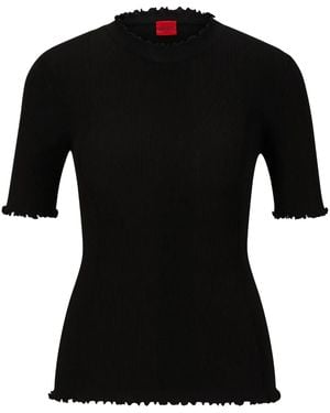 HUGO Ruffle-Trim Ribbed-Knit Top - Black