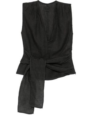120% Lino Tie-Waist V-Neck Top - Black