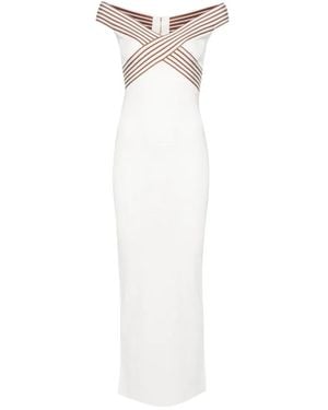Elisabetta Franchi Knit Fabric Long Dress With Striped Bands - White