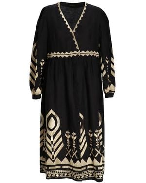 Greek Archaic Kori Feather-Embroidered Wrap Midi Dress - Black