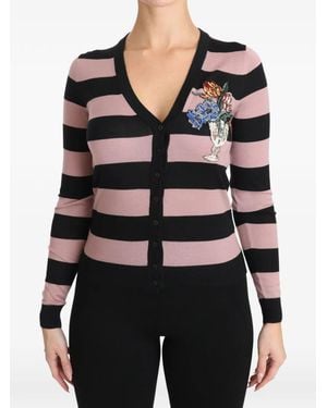 Dolce & Gabbana Striped Floral-Embroidered Cardigan - Black