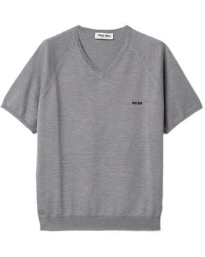 Miu Miu V-Neck Intarsia-Logo T-Shirt - Grey