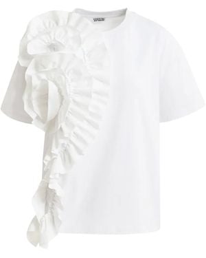 Essentiel Antwerp Ruffled-Detail Floral-Appliqué T-Shirt - White