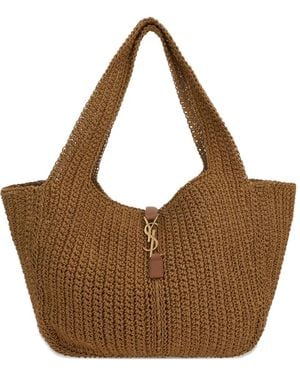 Saint Laurent Large Leather-Trimmed Knitted Tote Bag - Brown