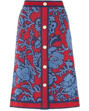Temperley London Francis Floral-Pattern Buttoned Knit Midi Skirt - Red