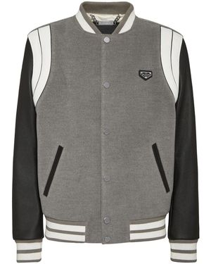 Philipp Plein Leather Sleeves Bomber Jacket - Gray