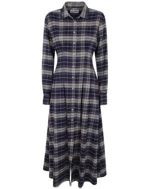 MC2 Saint Barth Tartan-Print Long-Sleeve Midi Dress - Blue