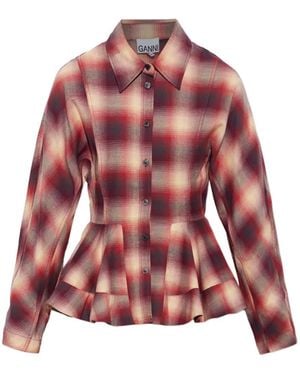 Ganni Check-Pattern Peplum-Hem Shirt - Red