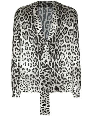 Dolce & Gabbana Leopard-Print Silk Satin Pussy-Bow Shirt - Grey