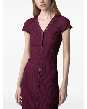 Gaelle Paris Ribbed-Knit Button-Up T-Shirt - Purple