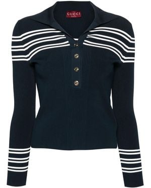 Gucci Striped Ribbed-Knit Polo Top - Blue