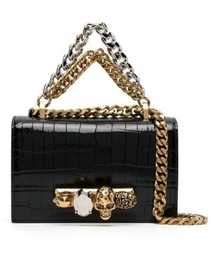 McQueen Ring-Hardware Crocodile-Effect Shoulder Bag - Black