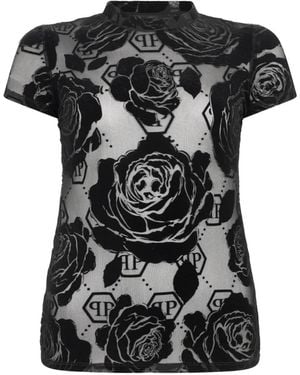 Philipp Plein Short-Sleeve Flower-Detail T-Shirt - Black