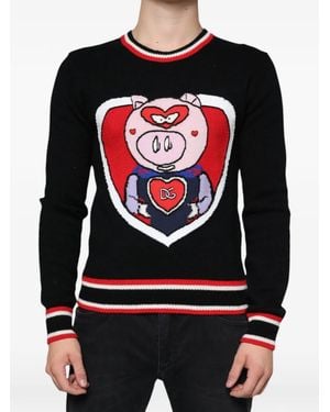 Dolce & Gabbana Piglet-Appliqué Merino Wool Sweater - Black