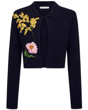 Oscar de la Renta Botanical-Embroidery Cropped Jacket - Blue