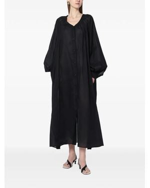 Thelatest Button-Up Balloon-Sleeve Midi Dress - Black