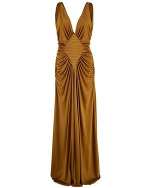 Versace Pleated V-Neck Gown - Metallic