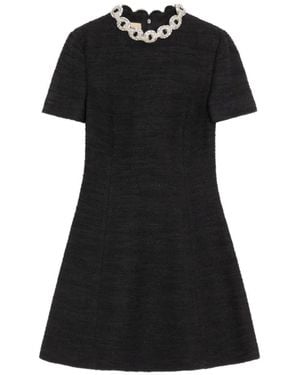 Valentino Garavani Embroidered Crinkle Cotton Tweed Short Dress - Black