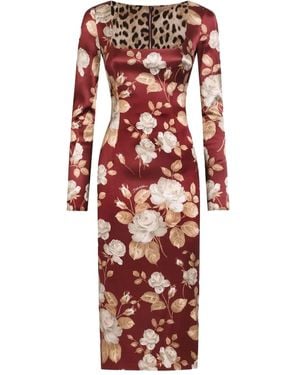 Dolce & Gabbana Rose-Print Square-Neck Midi Dress - Red