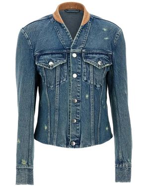 Tanaka Veste En Jean À Effet Usé Et Col En Velours Côtelé - Blue
