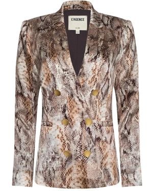L'Agence Colin Double-Breasted Snakeskin Blazer - Brown