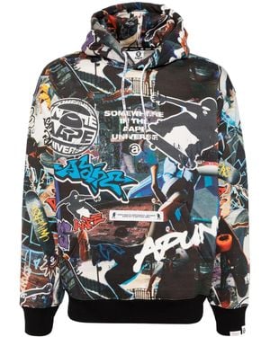 Aape By A Bathing Ape Moonface-Logo Graffiti-Print Hoodie - Grey