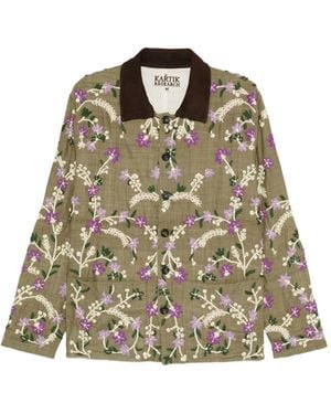 Kartik Research Floral-Embroidered Suede-Collar Jacket - Green