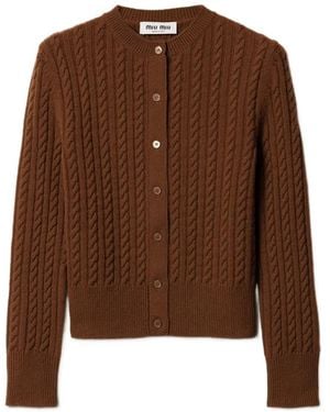 Miu Miu Cable-Knit Logo Cardigan - Brown