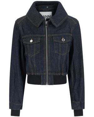 Ganni Shearling-Collar Zip-Up Denim Jacket - Blue