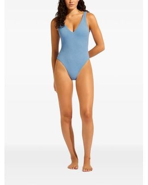 Seafolly Sea Dive Textured V-Neck Swimsuit - Blue