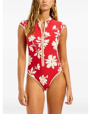 Seafolly Floral-Print Cap-Sleeve Swimsuit - Red