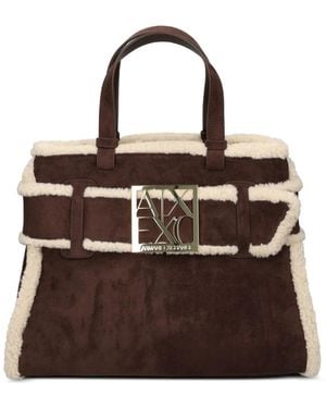 ARMANI EXCHANGE Shearling-Trim Logo-Plaque Tote Bag - Brown