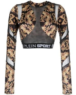 Philipp Plein Baroque-Print Long-Sleeved Crop Top - Brown