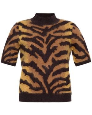 Adam Lippes Ari Tiger-Print Cashmere Short-Sleeve Blouse - Brown