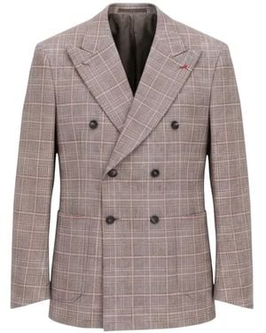 Isaia Check-Pattern Double-Breasted Jacket - Grey