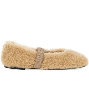 Pollini Shearling Leather-Strap Flats - Natural