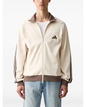 adidas Logo-Embroidered Striped-Sleeve Zip-Up Sweatshirt - Natural