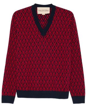Valentino Garavani Geometric-Pattern V-Neck Jumper - Red