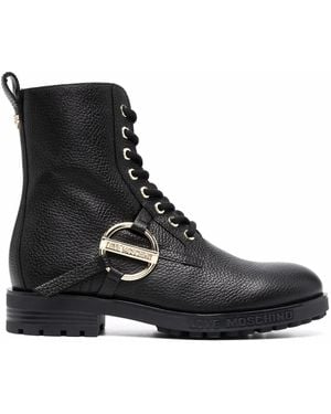 Love Moschino Logo-Plaque Lace-Up Boots - Black