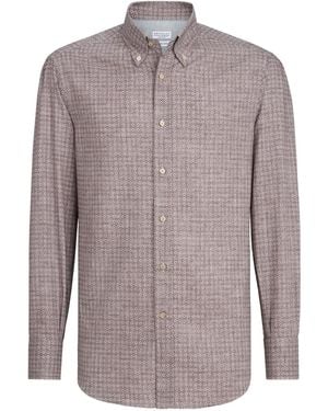 Brunello Cucinelli Flower-Print Twill Shirt - Brown