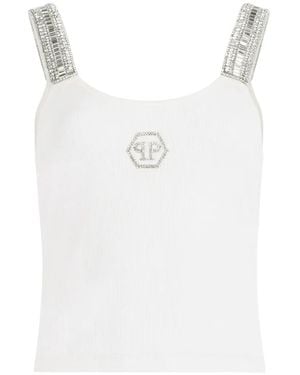 Philipp Plein Rhinestone Ribbed Tank Top - White