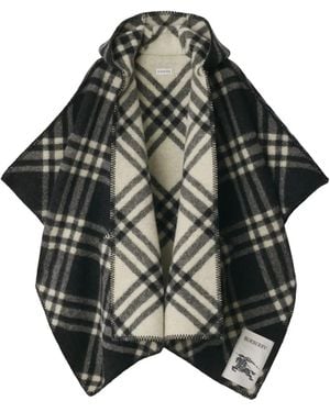 Burberry Hooded Check Wool Cape - Black