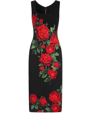 Dolce & Gabbana Sleeveless Midi Dress With Rose Print - Red