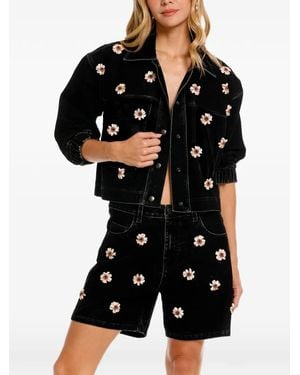 Agua Bendita Rosel Floral-Applique Denim Jacket - Black
